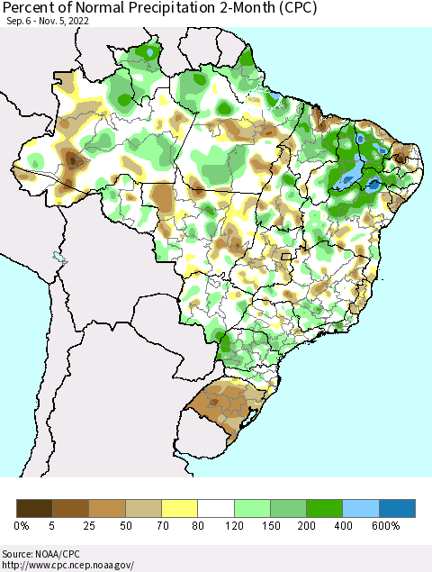 Brazil Percent of Normal Precipitation 2-Month (CPC) Thematic Map For 9/6/2022 - 11/5/2022