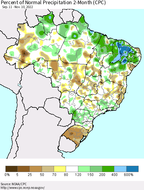 Brazil Percent of Normal Precipitation 2-Month (CPC) Thematic Map For 9/11/2022 - 11/10/2022