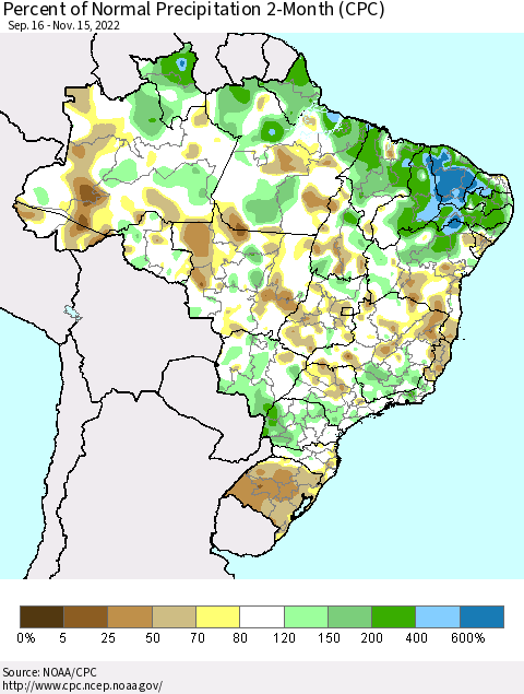 Brazil Percent of Normal Precipitation 2-Month (CPC) Thematic Map For 9/16/2022 - 11/15/2022