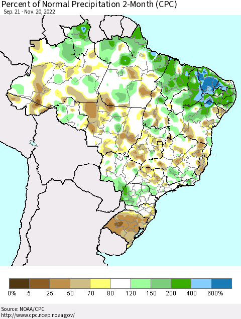 Brazil Percent of Normal Precipitation 2-Month (CPC) Thematic Map For 9/21/2022 - 11/20/2022