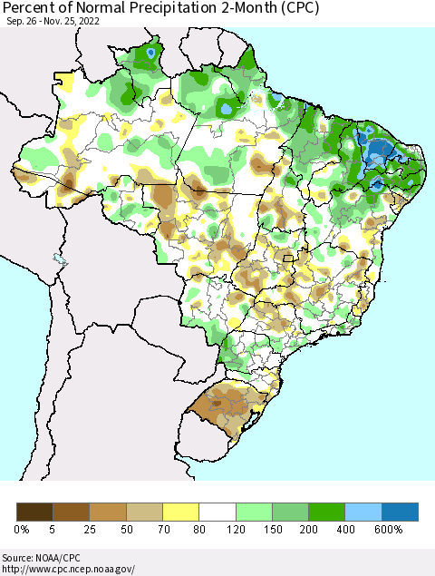 Brazil Percent of Normal Precipitation 2-Month (CPC) Thematic Map For 9/26/2022 - 11/25/2022