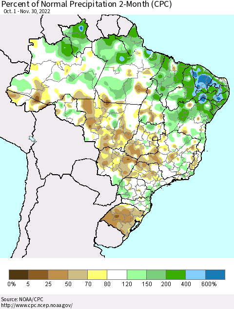 Brazil Percent of Normal Precipitation 2-Month (CPC) Thematic Map For 10/1/2022 - 11/30/2022