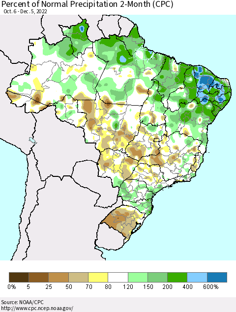 Brazil Percent of Normal Precipitation 2-Month (CPC) Thematic Map For 10/6/2022 - 12/5/2022