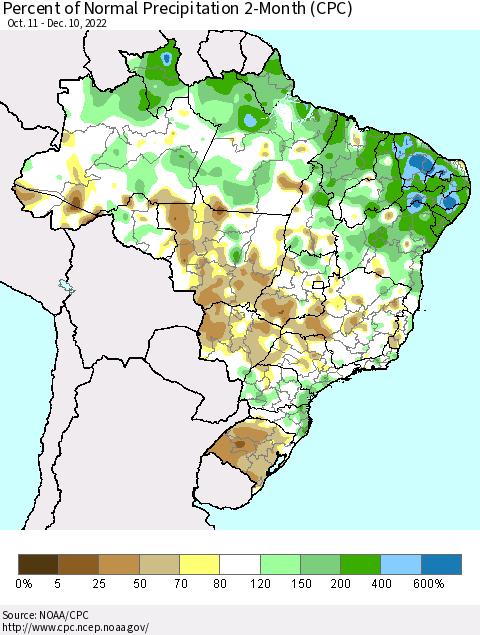 Brazil Percent of Normal Precipitation 2-Month (CPC) Thematic Map For 10/11/2022 - 12/10/2022