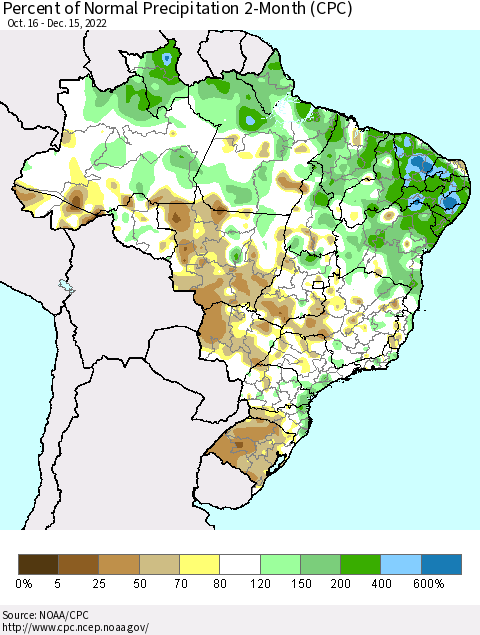 Brazil Percent of Normal Precipitation 2-Month (CPC) Thematic Map For 10/16/2022 - 12/15/2022