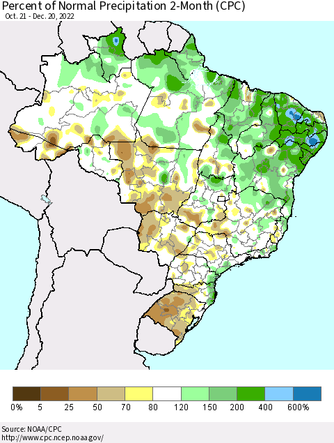 Brazil Percent of Normal Precipitation 2-Month (CPC) Thematic Map For 10/21/2022 - 12/20/2022