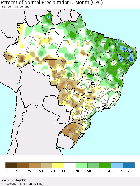 Brazil Percent of Normal Precipitation 2-Month (CPC) Thematic Map For 10/26/2022 - 12/25/2022