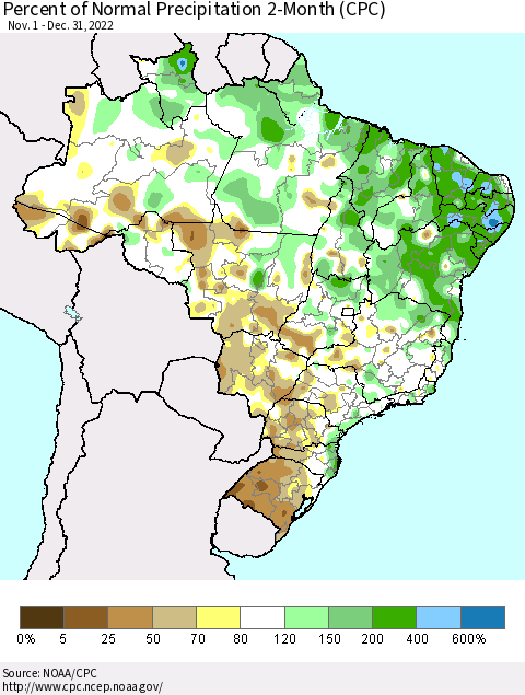 Brazil Percent of Normal Precipitation 2-Month (CPC) Thematic Map For 11/1/2022 - 12/31/2022
