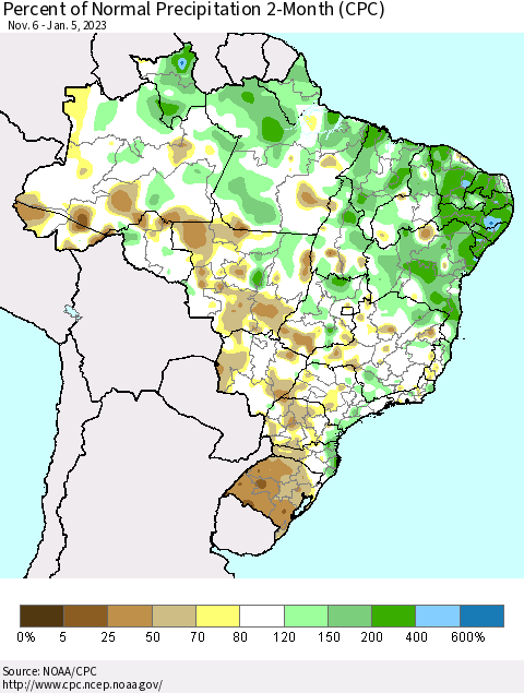 Brazil Percent of Normal Precipitation 2-Month (CPC) Thematic Map For 11/6/2022 - 1/5/2023