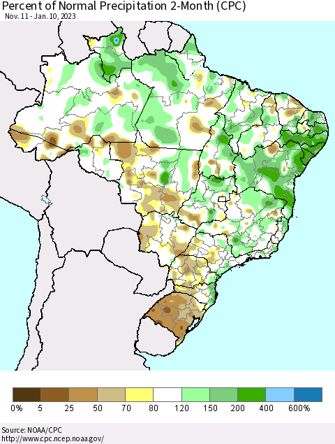 Brazil Percent of Normal Precipitation 2-Month (CPC) Thematic Map For 11/11/2022 - 1/10/2023