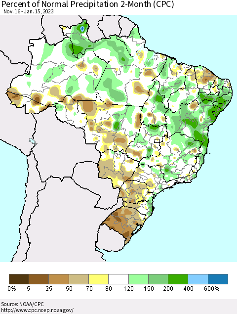 Brazil Percent of Normal Precipitation 2-Month (CPC) Thematic Map For 11/16/2022 - 1/15/2023