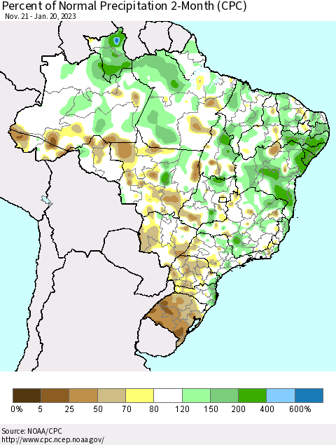 Brazil Percent of Normal Precipitation 2-Month (CPC) Thematic Map For 11/21/2022 - 1/20/2023
