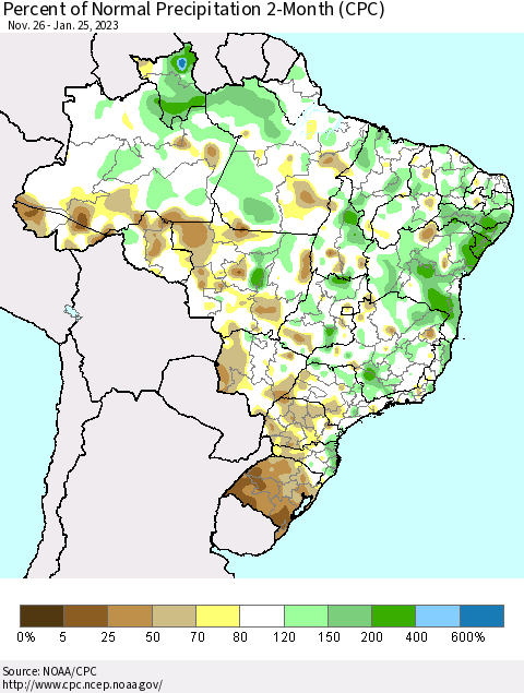 Brazil Percent of Normal Precipitation 2-Month (CPC) Thematic Map For 11/26/2022 - 1/25/2023