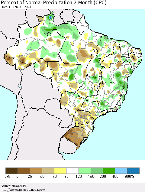 Brazil Percent of Normal Precipitation 2-Month (CPC) Thematic Map For 12/1/2022 - 1/31/2023