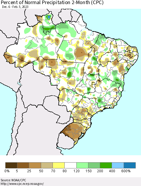 Brazil Percent of Normal Precipitation 2-Month (CPC) Thematic Map For 12/6/2022 - 2/5/2023