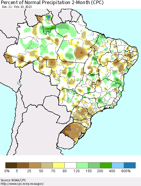 Brazil Percent of Normal Precipitation 2-Month (CPC) Thematic Map For 12/11/2022 - 2/10/2023