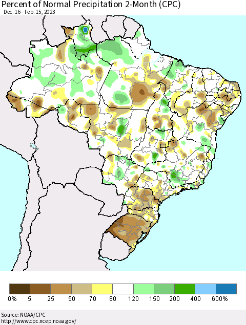 Brazil Percent of Normal Precipitation 2-Month (CPC) Thematic Map For 12/16/2022 - 2/15/2023