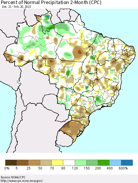 Brazil Percent of Normal Precipitation 2-Month (CPC) Thematic Map For 12/21/2022 - 2/20/2023