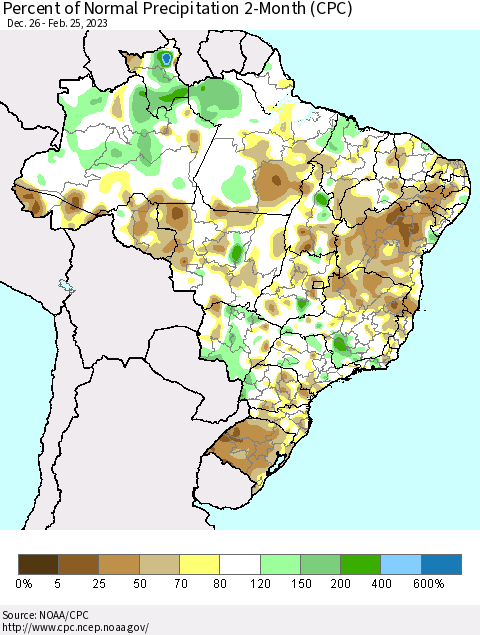 Brazil Percent of Normal Precipitation 2-Month (CPC) Thematic Map For 12/26/2022 - 2/25/2023