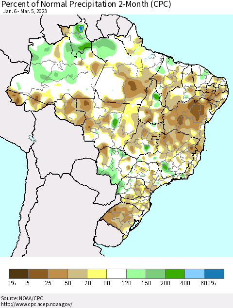 Brazil Percent of Normal Precipitation 2-Month (CPC) Thematic Map For 1/6/2023 - 3/5/2023