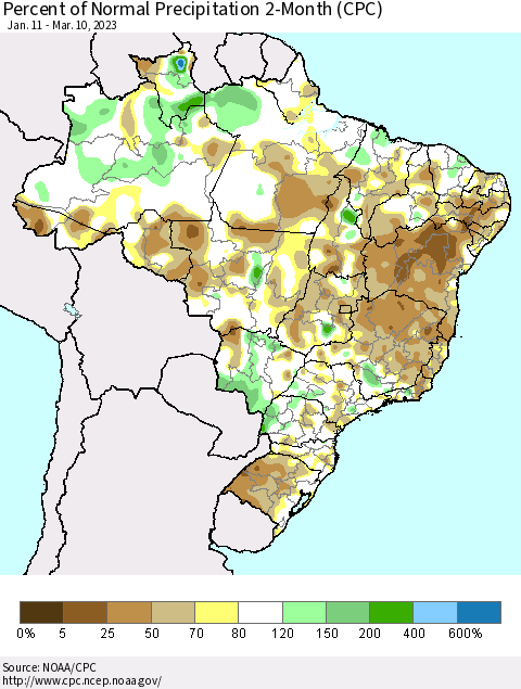 Brazil Percent of Normal Precipitation 2-Month (CPC) Thematic Map For 1/11/2023 - 3/10/2023