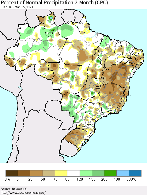 Brazil Percent of Normal Precipitation 2-Month (CPC) Thematic Map For 1/16/2023 - 3/15/2023