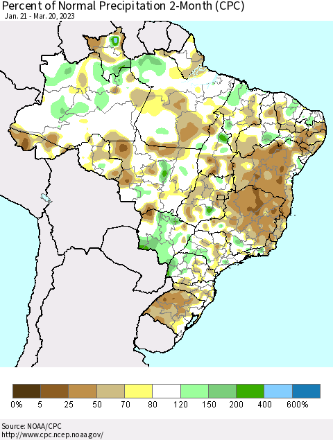Brazil Percent of Normal Precipitation 2-Month (CPC) Thematic Map For 1/21/2023 - 3/20/2023