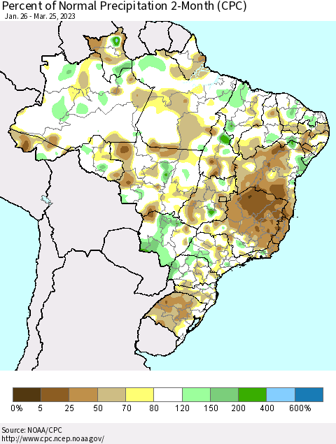 Brazil Percent of Normal Precipitation 2-Month (CPC) Thematic Map For 1/26/2023 - 3/25/2023