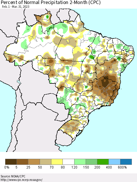 Brazil Percent of Normal Precipitation 2-Month (CPC) Thematic Map For 2/1/2023 - 3/31/2023