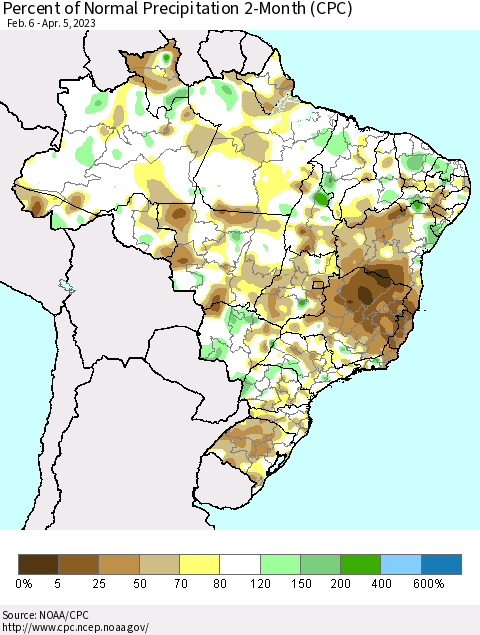 Brazil Percent of Normal Precipitation 2-Month (CPC) Thematic Map For 2/6/2023 - 4/5/2023