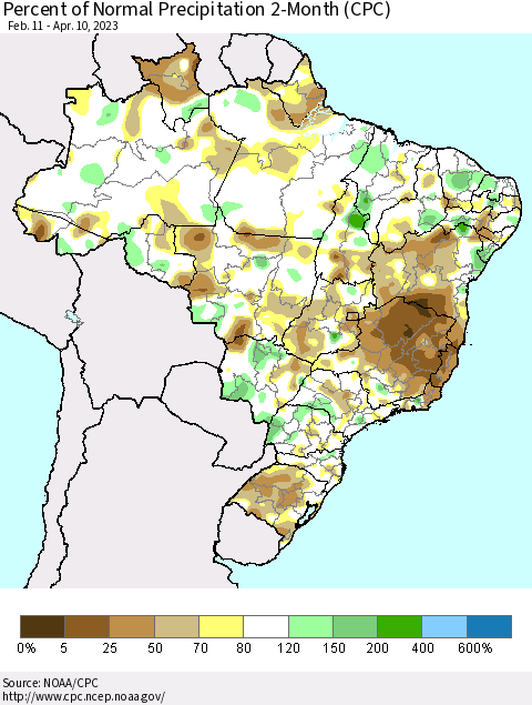 Brazil Percent of Normal Precipitation 2-Month (CPC) Thematic Map For 2/11/2023 - 4/10/2023
