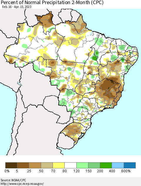 Brazil Percent of Normal Precipitation 2-Month (CPC) Thematic Map For 2/16/2023 - 4/15/2023