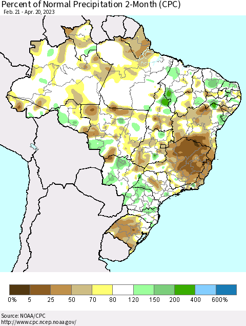 Brazil Percent of Normal Precipitation 2-Month (CPC) Thematic Map For 2/21/2023 - 4/20/2023