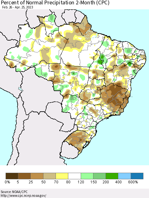 Brazil Percent of Normal Precipitation 2-Month (CPC) Thematic Map For 2/26/2023 - 4/25/2023