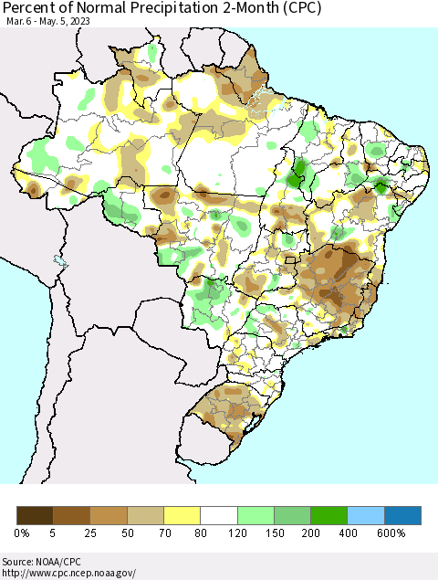 Brazil Percent of Normal Precipitation 2-Month (CPC) Thematic Map For 3/6/2023 - 5/5/2023