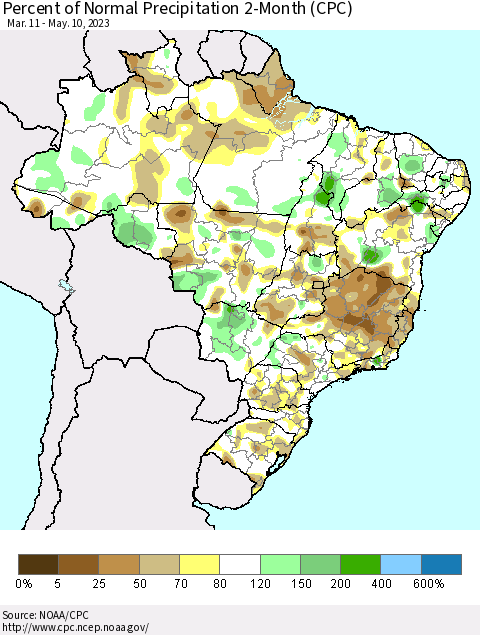 Brazil Percent of Normal Precipitation 2-Month (CPC) Thematic Map For 3/11/2023 - 5/10/2023
