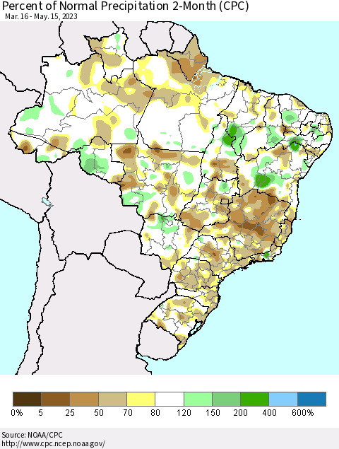 Brazil Percent of Normal Precipitation 2-Month (CPC) Thematic Map For 3/16/2023 - 5/15/2023