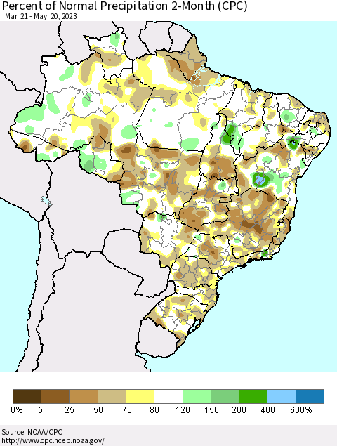 Brazil Percent of Normal Precipitation 2-Month (CPC) Thematic Map For 3/21/2023 - 5/20/2023