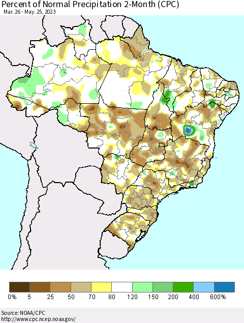 Brazil Percent of Normal Precipitation 2-Month (CPC) Thematic Map For 3/26/2023 - 5/25/2023