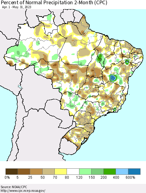 Brazil Percent of Normal Precipitation 2-Month (CPC) Thematic Map For 4/1/2023 - 5/31/2023