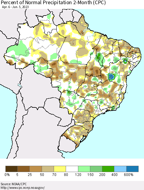 Brazil Percent of Normal Precipitation 2-Month (CPC) Thematic Map For 4/6/2023 - 6/5/2023