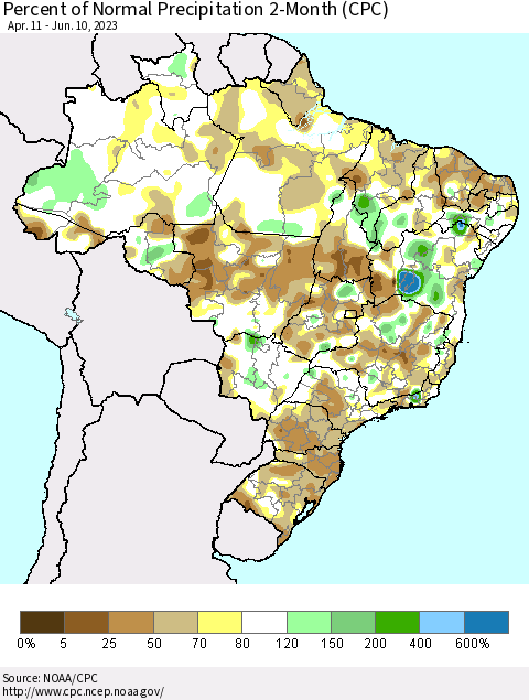 Brazil Percent of Normal Precipitation 2-Month (CPC) Thematic Map For 4/11/2023 - 6/10/2023