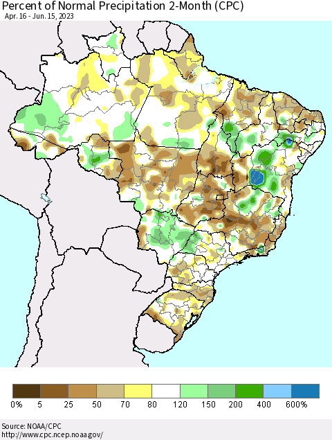 Brazil Percent of Normal Precipitation 2-Month (CPC) Thematic Map For 4/16/2023 - 6/15/2023