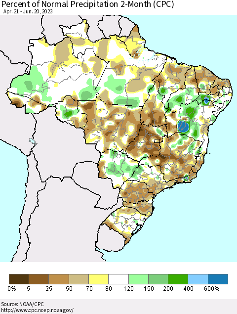 Brazil Percent of Normal Precipitation 2-Month (CPC) Thematic Map For 4/21/2023 - 6/20/2023