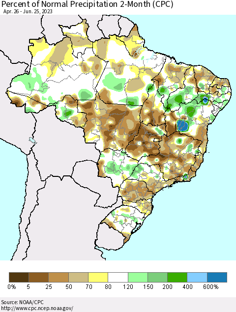 Brazil Percent of Normal Precipitation 2-Month (CPC) Thematic Map For 4/26/2023 - 6/25/2023