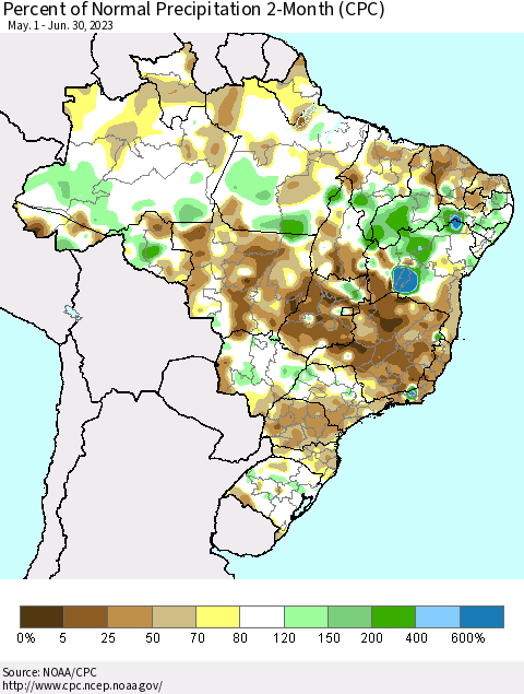 Brazil Percent of Normal Precipitation 2-Month (CPC) Thematic Map For 5/1/2023 - 6/30/2023