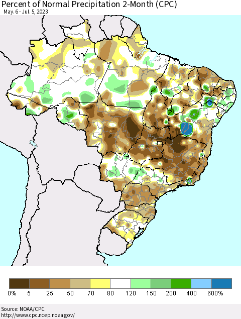 Brazil Percent of Normal Precipitation 2-Month (CPC) Thematic Map For 5/6/2023 - 7/5/2023