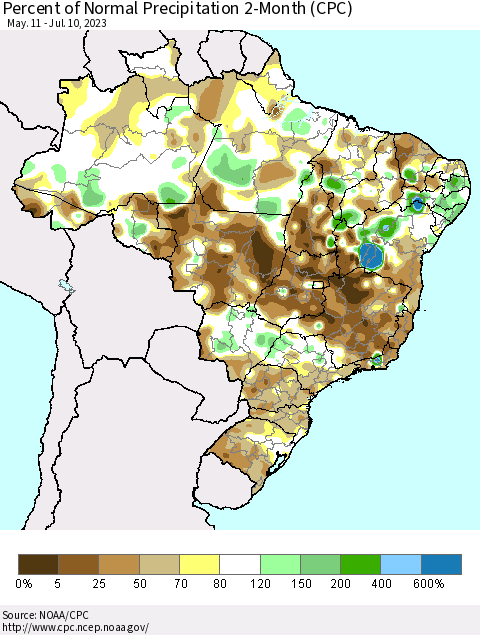 Brazil Percent of Normal Precipitation 2-Month (CPC) Thematic Map For 5/11/2023 - 7/10/2023