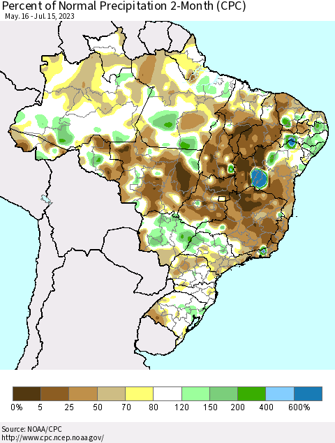 Brazil Percent of Normal Precipitation 2-Month (CPC) Thematic Map For 5/16/2023 - 7/15/2023