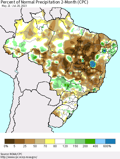 Brazil Percent of Normal Precipitation 2-Month (CPC) Thematic Map For 5/21/2023 - 7/20/2023